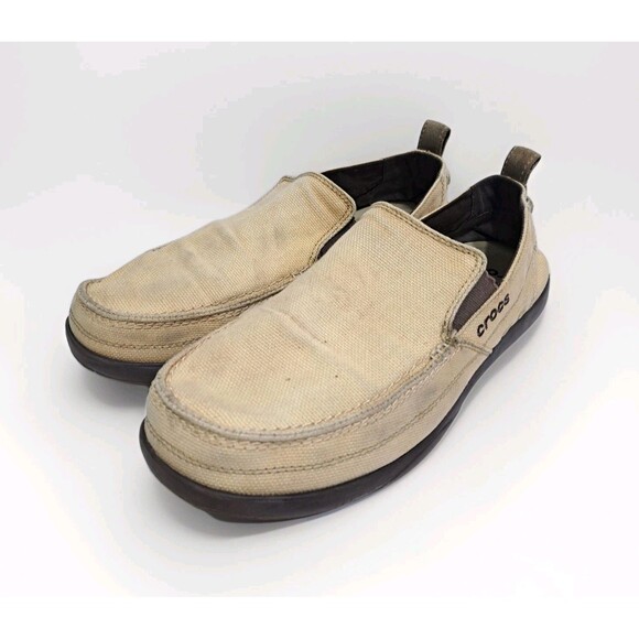 Crocs Walu Slip On Loafers Mens Size 12 Tan Canvas 11270 Boat Shoes Khaki - Picture 1 of 10